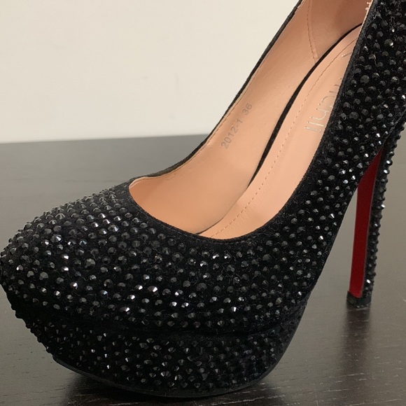 Black suede/rhinestone platform, stilettos - Picture 8 of 13